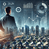 A professional real estate investment concept illustration. The image features a businessman looking at a modern city skyline with various types of re 
