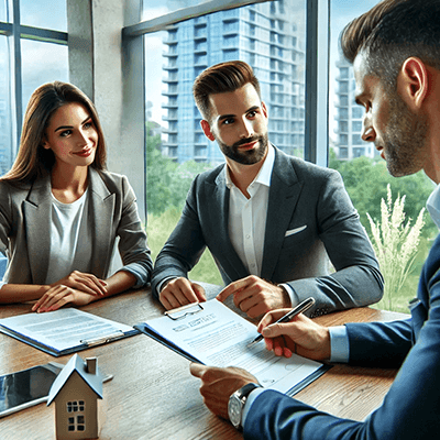 A professional real estate negotiation scene in a modern office. A confident homebuyer and a real estate agent sit across from a property seller, discussing terms and reviewing documents. The atmosphere is business-focused, with a laptop, legal papers, and a cup of coffee on the table, symbolizing a strategic negotiation process.