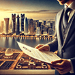 image representing real estate investment in Qatar. The image features a luxurious skyline of Doha with modern skyscrapers,  110x110